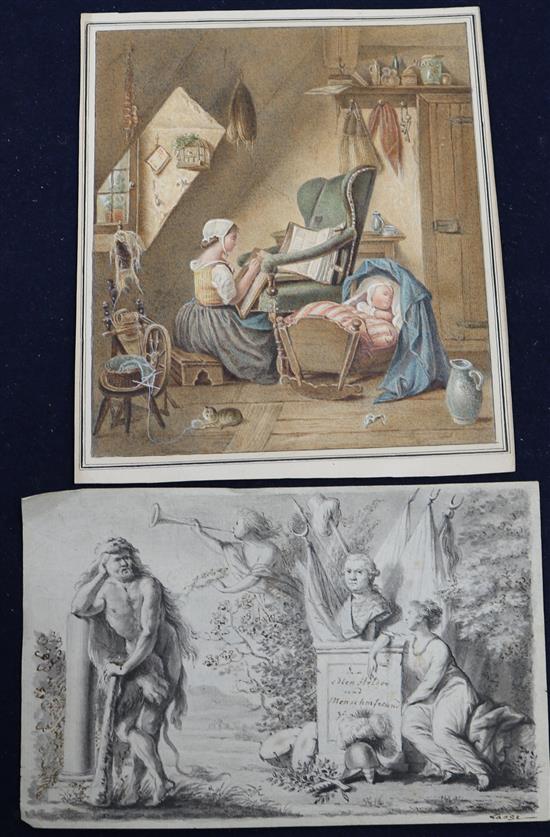 After Moritz Michael Daffinger Woman and baby in an interior and After Lange, grisaille watercolour, Memorial largest 17.5 x 14.5cm. un